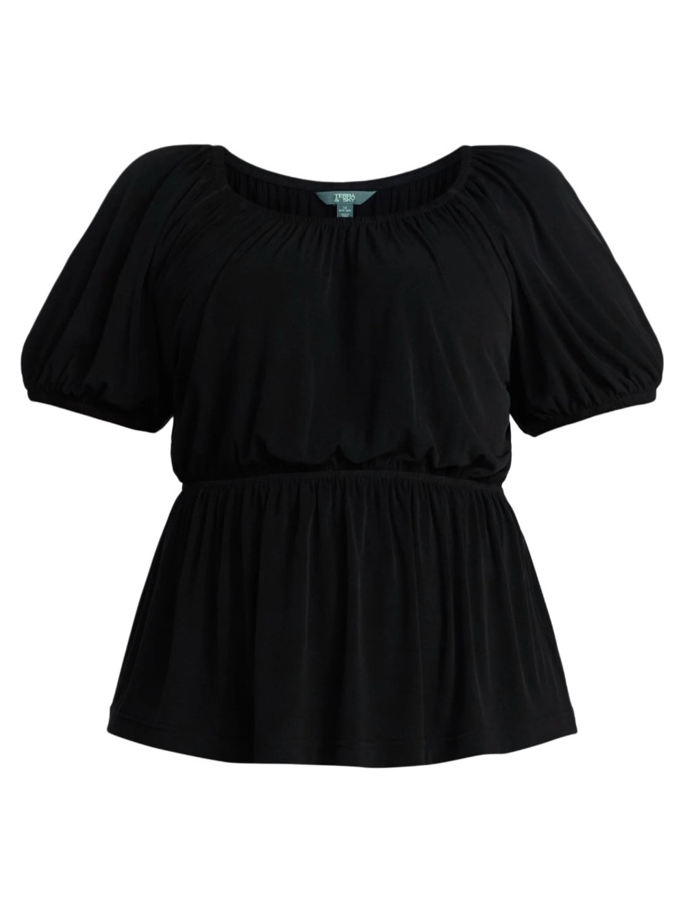 NWOT Terra & Sky Black Peplum Puff-Sleeve Top - Picture 2 of 7